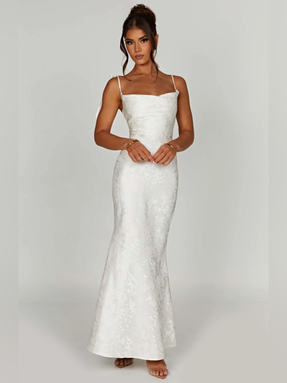 BABYBOO Whitney Maxi Dress XS Ivory Floral Jacquard Satin Lace-Up Formal Gown